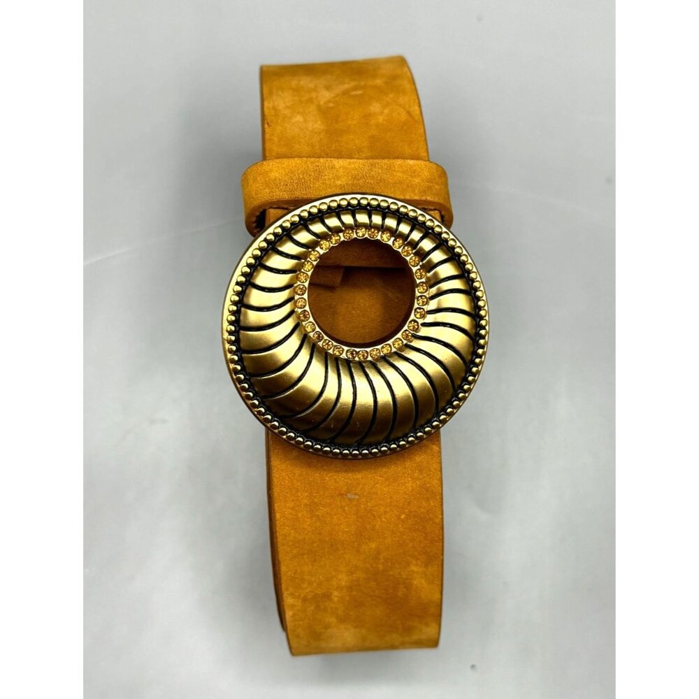 Chicos Leather Belt Ornate Brass Rhinestone Buckle Womens Small Suede